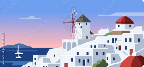Idyllic coastal village with white buildings, a windmill, and a sailboat at sunset