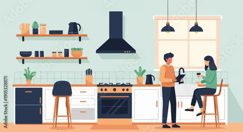 Flat illustration of a modern kitchen with a couple interacting
