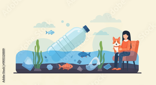 Girl with dog sits by aquarium with plastic pollution and fish