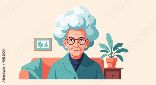 Illustrated portrait of an elderly woman with glasses and fluffy hair on a couch