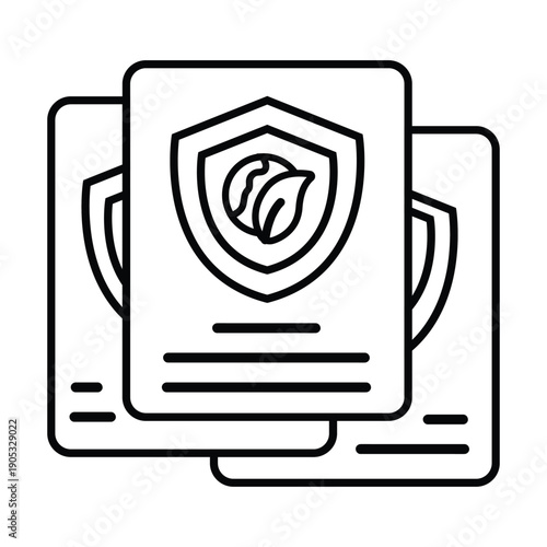 Outline icon showing three stacked documents, with the front document displaying a shield emblem containing a green leaf, representing eco-friendly certification or environmental protection.