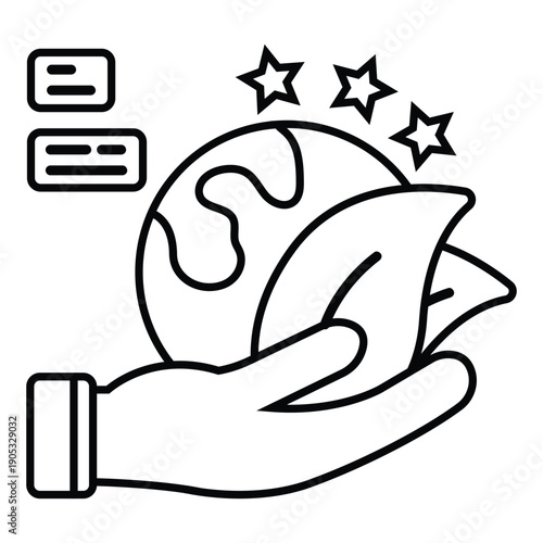 Line art illustration of a hand cradling the Earth and a leaf, symbolizing environmental care, sustainability, and quality standards with stars and data icons.