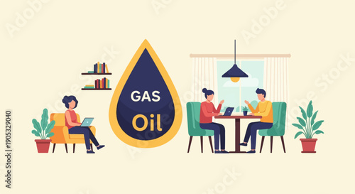 illustration of a drop symbolizing gas and oil next to people working on laptops