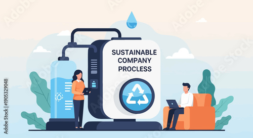 Illustration of a sustainable company process with a water purification system