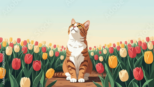 Orange tabby cat sitting in a field of colorful tulips under a pale sky