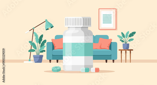 Illustration of a living room scene with a large medicine bottle and pills