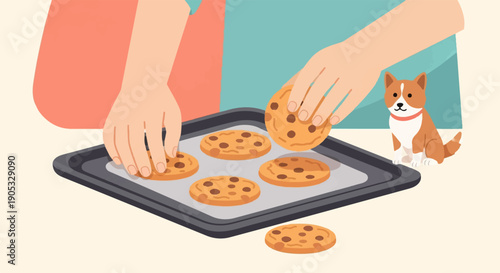Hands placing chocolate chip cookies on a baking sheet with a small dog watching