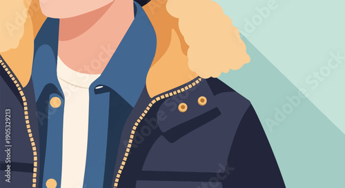 Flat illustration of a person in a dark blue jacket with collar