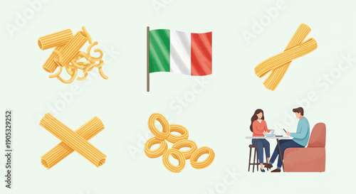 Italian pasta, flag, and couple sharing a meal
