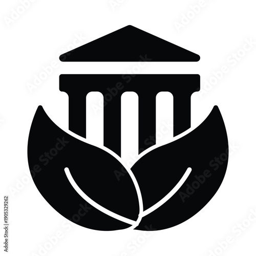 Black silhouette icon depicting a classical building with columns and a pediment, embraced by two large leaves, symbolizing sustainable architecture and environmental policy.