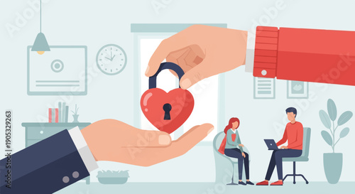 Hands presenting heart-shaped padlock to couple in office setting
