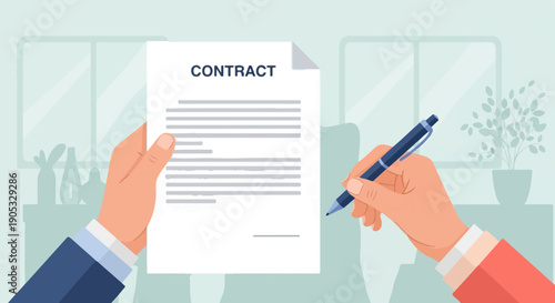 Hands signing a contract document with a pen in a bright, modern office setting