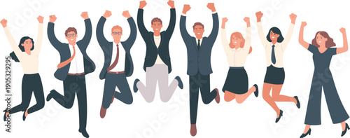 Happy business team jumping together celebrating success and achievement, corporate teamwork and motivation concept, professional collaboration, victory moment, positive workplace culture, 