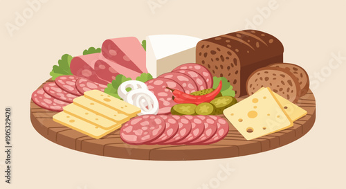 Flat illustration of a rustic charcuterie board with cured meats and cheese