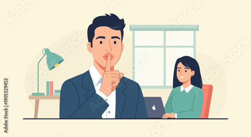 Man gesturing for silence at work while woman smiles at laptop