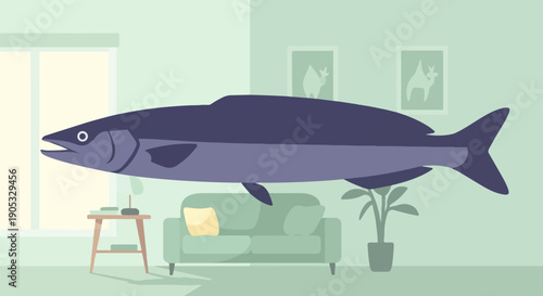 Oversized fish floats surrealistically in a minimalist room setting