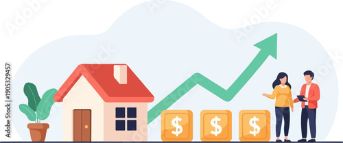 Illustration of growing business with people, house, money, and upward trend