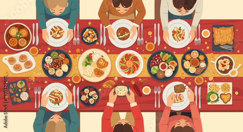 Overhead view of diverse people sharing a bountiful meal at a festive table