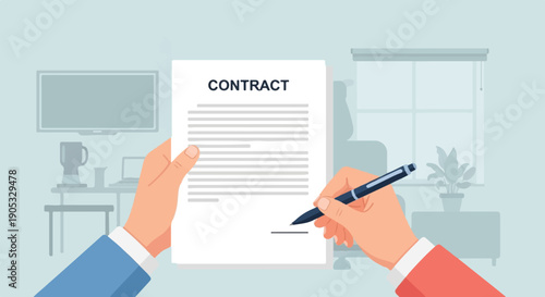 Hands signing a formal contract document at a desk in an office