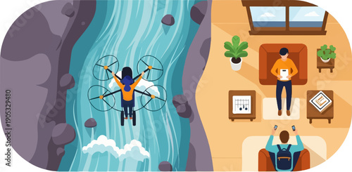 Overhead view of drone pilot over river and people relaxing indoors with devices