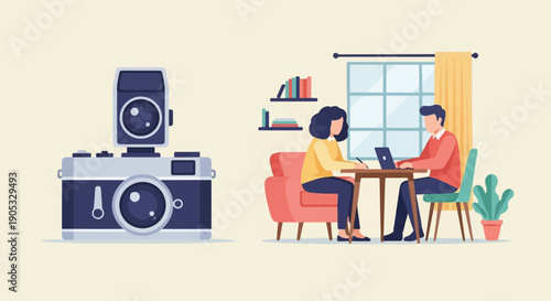 Flat illustration of a vintage camera and two people working at a desk