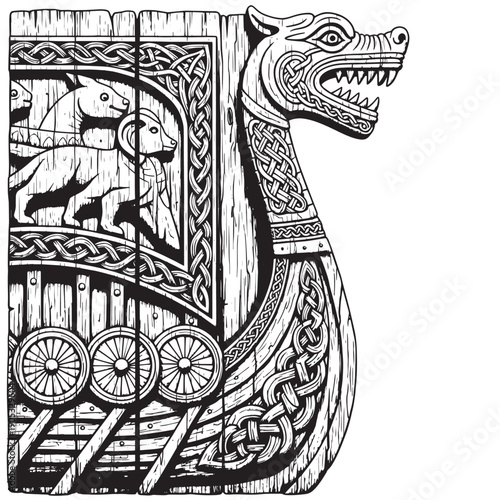 Intricate black and white Viking ship detailing the dragon-headed prow and ornate hull in a historic maritime illustration.