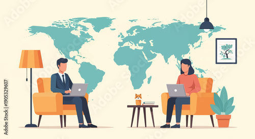 Global teamwork via laptops, a man and woman working remotely from home