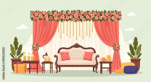 Ornate sofa with floral decorations and celebratory gifts