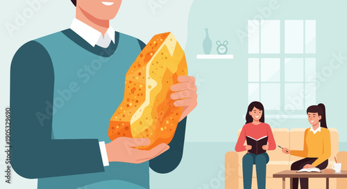 Man holding large loaf of bread in living room with two women reading
