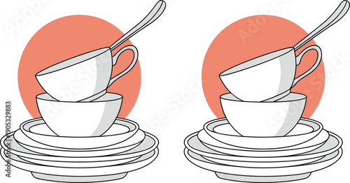 Minimal flat vector illustration of stacked white cups, saucers, and plates with spoon on pastel background for kitchenware, cafe branding, menu design, and lifestyle concept