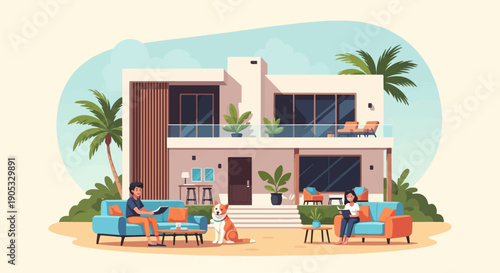 Modern villa with people and dog enjoying leisure time outdoors