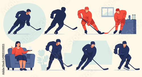 Flat illustration of ice hockey players in action, one person relaxing