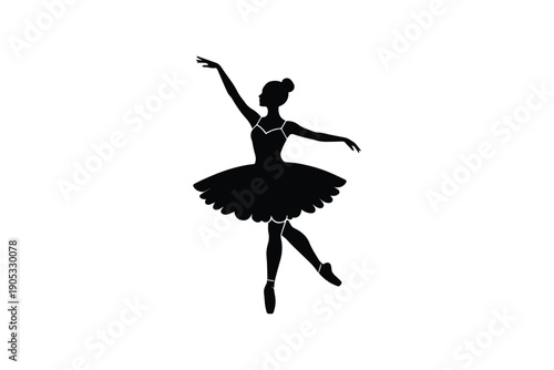 Elegant black silhouette of ballerina dancing in classic pose on white background, ballet performance art