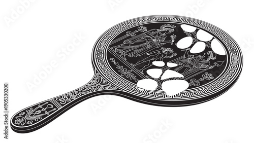 Decorative round paw print design on metal tray with handle.