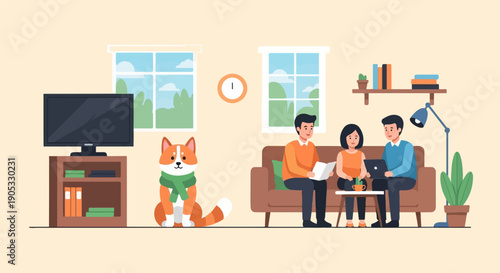Flat illustration of people and dog in a living room with a tv and plants