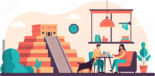 Modern workspace with ancient pyramid backdrop and people working