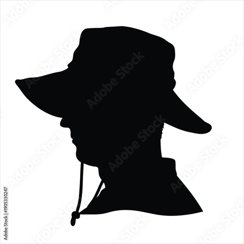 Profile Silhouette of a Man Wearing a Safari Sun Hat with Chin Strap Isolated on White