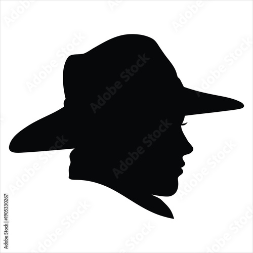 Black Silhouette Profile of a Woman Wearing a Classic Fedora Hat Isolated on White