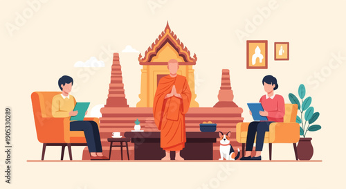 Monks and visitors in serene setting with Buddhist architecture and a dog