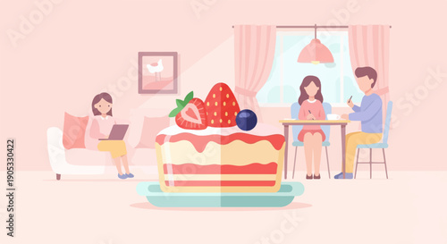 Flat illustration of people enjoying cake and coffee in a cozy room