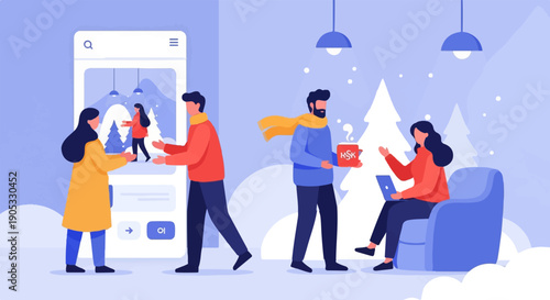 Flat illustration of people enjoying winter with tech and warm drinks