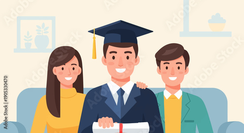 Graduating student celebrates achievement with family on couch