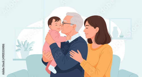 Grandpa kisses a baby held by mother in a cozy living room