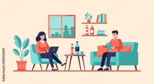 Flat illustration of people in a room with a window, sofa, and laptop