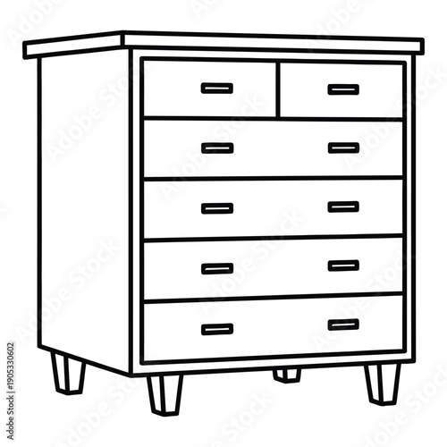 Minimalist line drawing of a chest of drawers with multiple drawers, representing furniture and storage