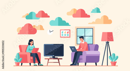 Flat illustration of people relaxing and working indoors