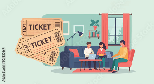 Flat illustration of people relaxing at home with tickets and laptops