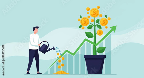Person Watering Money Tree Investment Concept for Financial Growth and Business Profit Vector Illustration