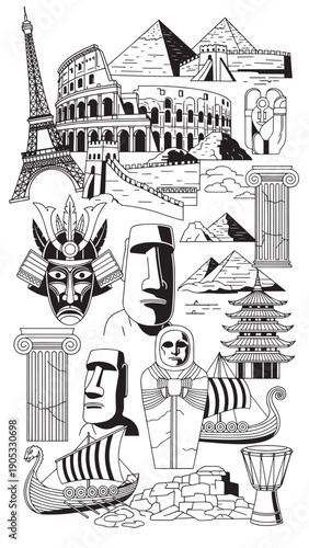 Eclectic collage of world landmarks and architectural symbols spanning ancient to modern travel locales.