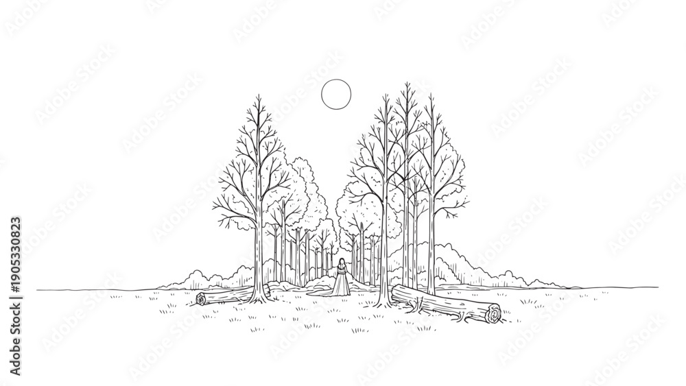 Obraz premium Minimalist forest scene with a small cabin and tall trees in a quiet landscape sketch.